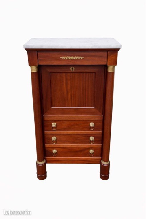 Empire-style secretary desk with white marble top, mahogany and brass finish, 6 drawers