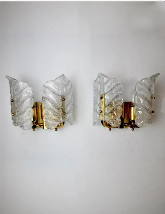 Image 1 of Zeldzaam paar "Leaves" kunstglazen wandlampen van Carl Fagerlund voor Orrefors - Zweden, jaren 1960-1970