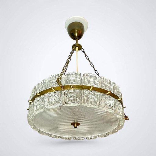 Mid-Century Kronleuchter aus Messing & Kristallglas von Carl Fagerlund für Orrefors, Schweden, 1960er