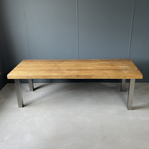 Table de salle à manger vintage en chêne - Pieds en acier inoxydable