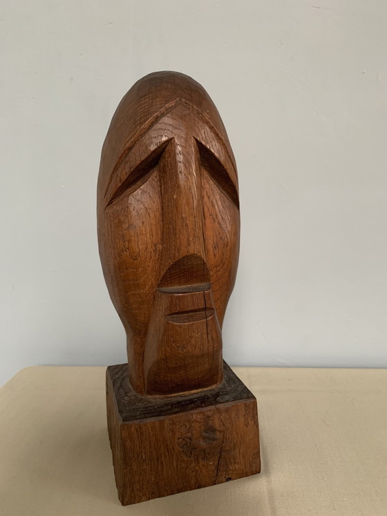 Image 1 of Brutalist Houtsnijwerk Kop Buste Sculptuur Eiken Hout Jaren 70