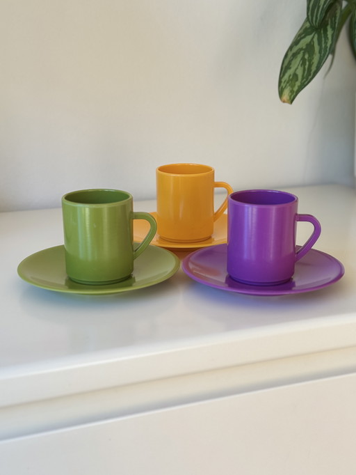 Set Vintage Rocamine Cups and Saucers Melamine Retro Design Belgium 60s/70s