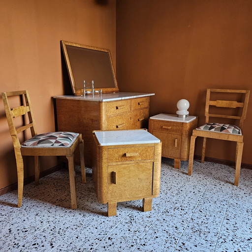 Schlafzimmer-Set im Art-déco-Stil aus Vogelaugenahorn und Marmor
