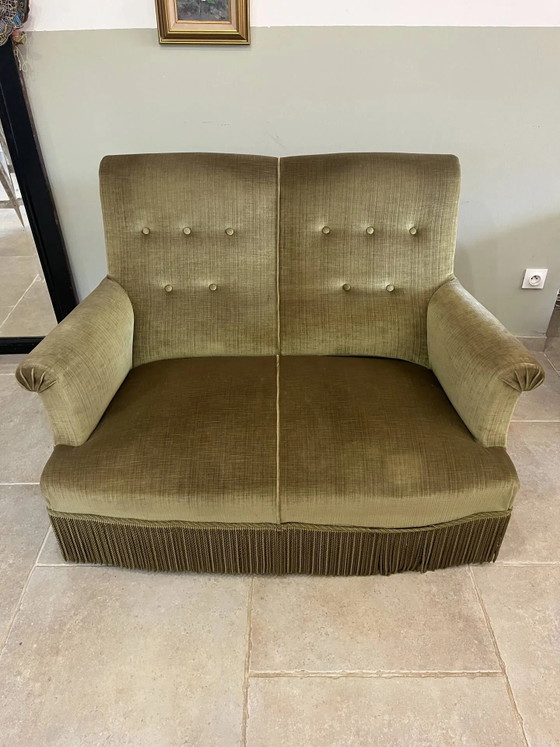 vintage double toad sofa in olive green fabric and trimmings – 2 seaters, Velvet, Art Deco (photo 7 of 15)