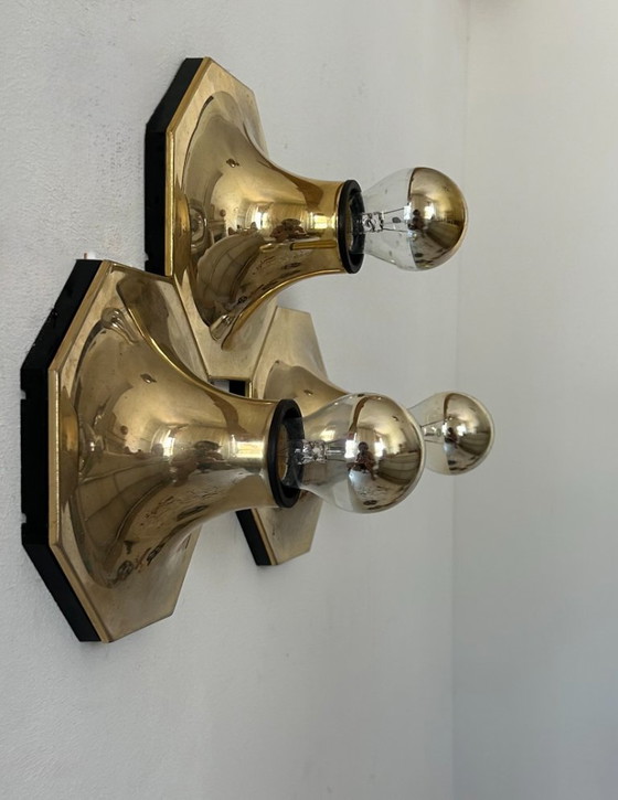 Image 1 of Set di 3 applique in ottone disegnate da Motoko Ishii per Staff Leuchten in Germania negli anni '70. Design geometrico i