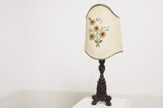 Image 1 of Vintage Carved Wood Barley Twist Lamp with Hand Embroidered Floral Shade and Acanthus Leaf Tripod Feet