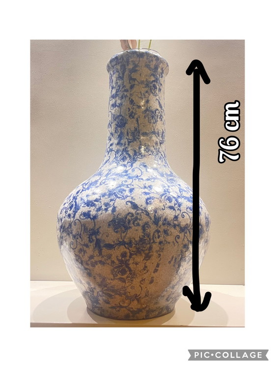 Image 1 of Mega XL large earthenware ceramic vase blue white glaze heavy