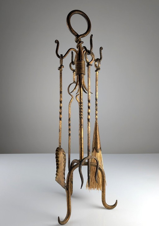 Sculpturale vergulde smeedijzeren haardgereedschapset, jaren 60