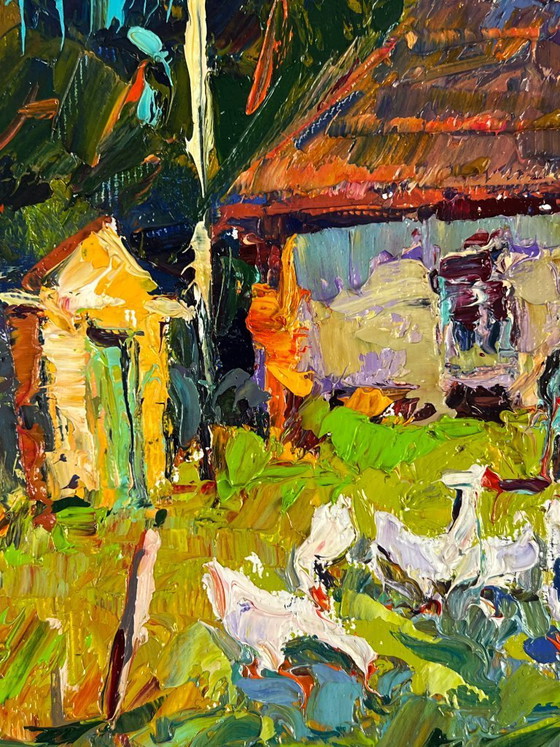Image 1 of Original Oil Painting Rural Landscape Village Geese in the Yard