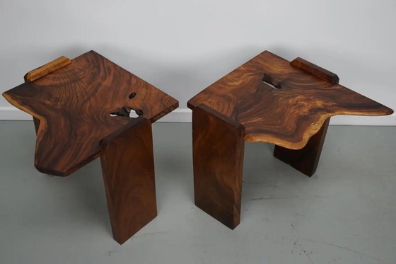 Image 1 of Ensemble de deux tables basses vintage en noyer naturel, vers 1970/1980