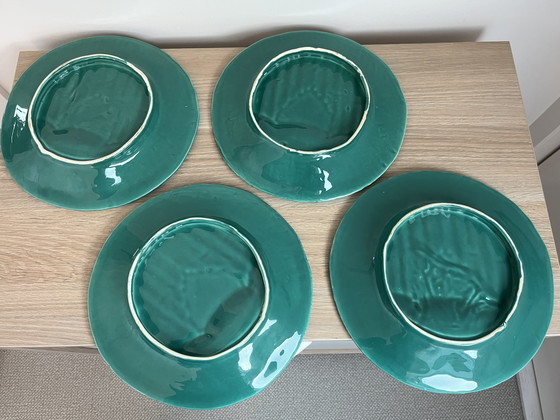 Image 1 of Splendido set di 4 piatti francesi Barbotine per asparagi – Maiolica turchese
