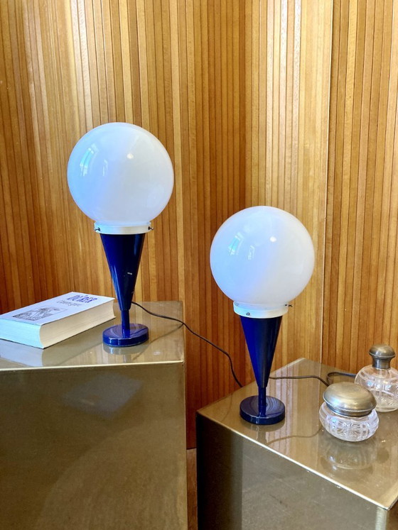 Image 1 of Pair of table lamps, blue metal bases and opaline globes, 1970s-80s