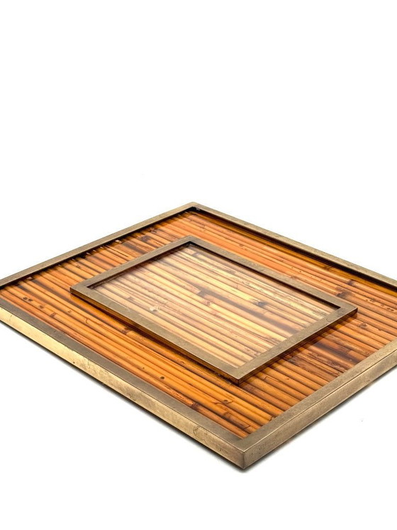 Image 1 of Marco de fotos estilo Hollywood Regency, de bambú y latón, al estilo de Gabriella Crespi, Italia, década de 1970.