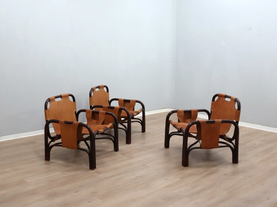 Image 1 of Tito Agnoli fauteuil uit het midden van de 20e eeuw, leer en bamboe, jaren 60.