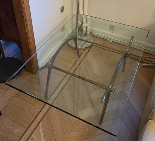 Kouloufi salontafel | Mid-century gepolijst messing en dik glas – Brass
