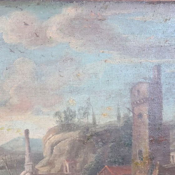 Image 1 of Paysage côtier, peinture à l'huile ancienne sur toile, Italie, XVIIIe siècle