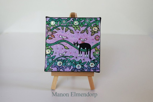 Peinture unique peinte à la main avec un âne, un chat et des oiseaux