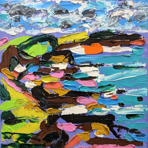 Zeegezicht van Widemouth Bay, Cornwall. Origineel acrylverfschilderij op canvas, 20x20 cm.
