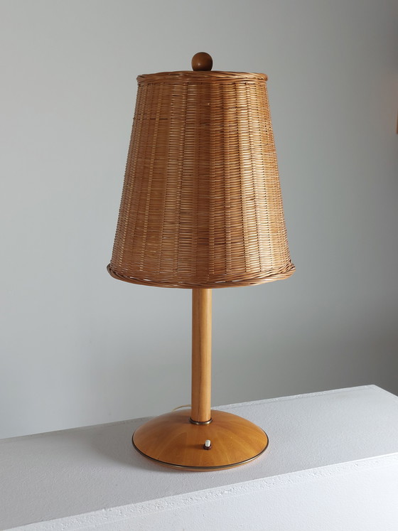 Image 1 of Vintage Temde wood brass 1950s table lamp basket shade