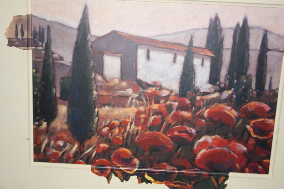 Image 1 of Peinture murale sur cadre en bois avec motif de fleurs