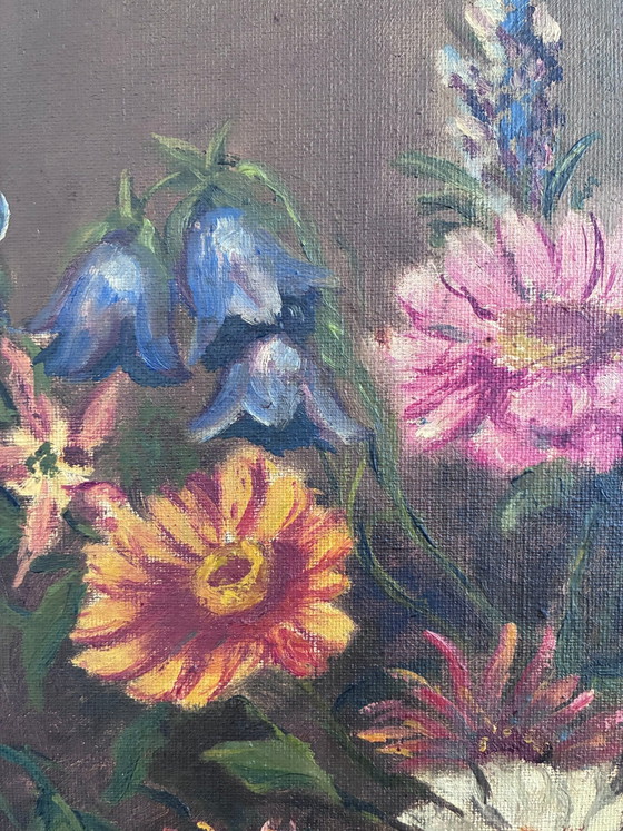 Image 1 of Vintage original floral oil painting with blue and white vase