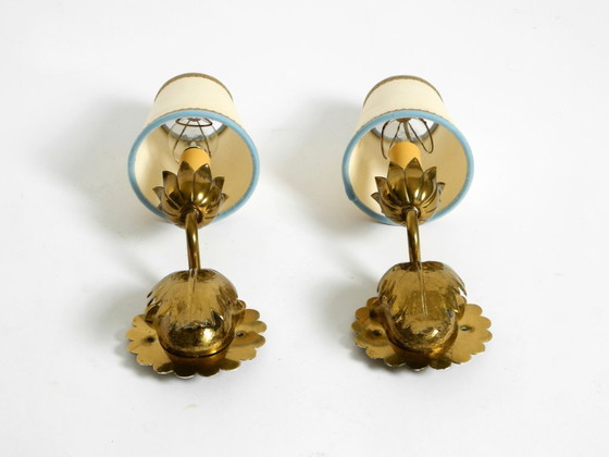 Image 1 of Two beautiful original Mid Century Modern floral wall lamps made of brass with high-quality lampshades
