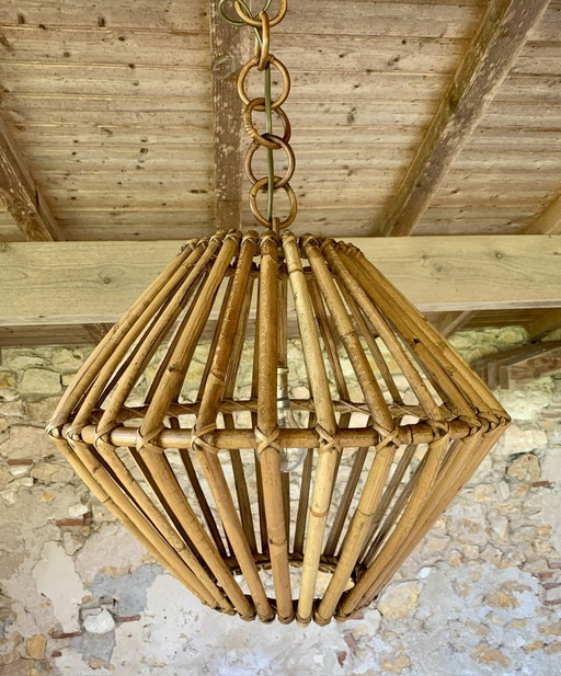 Mid Century, Bamboe & Rotan Hanglamp, 1960'S