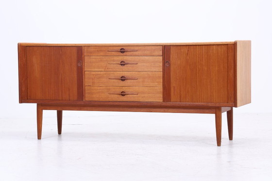 Image 1 of Vintage teak sideboard 60s | Mid - Century sideboard with drawers & slatted doors retro wood storage #08-22