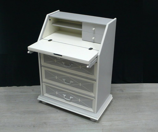 Petit secrétaire vintage style antique shabby gris clair + blanc, 3 tiroirs
