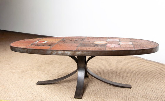 Image 1 of Tavolino da caffè in pietra lavica, ceramica e acciaio, disegnato da Jean Jaffeux nel 1960.