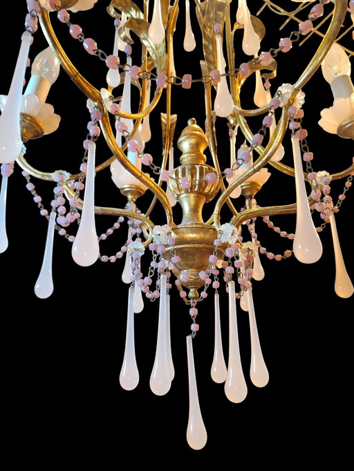 Murano-style pink opal glass lighting set – 6-light chandelier + 2 wall lights