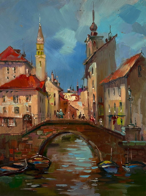 Original Oil Painting Urban Landscape Architecture Bridge City With A River – schilderijen tekeningen, Mdf