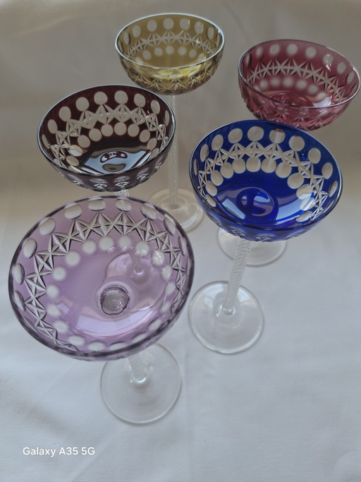 Set di 5 bicchieri da liquore antichi in stile Art Nouveau - Josephinenhütte, circa 1900 - stelo a spirale