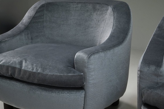 Image 1 of Set van 2 ijsblauwe mohair loungestoelen, jaren 50, Italië.