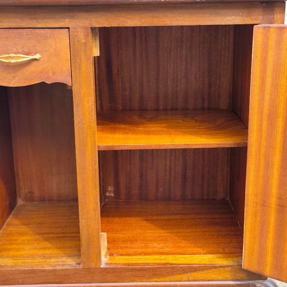 Antieke Franse art-deco console met marqueterie, houten kast met glazen blad, jaren 30 – Ladekasten, Glass (photo 13 of 21)