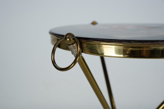 Image 1 of Small Italian brass and wood tripod coffee table from 50s