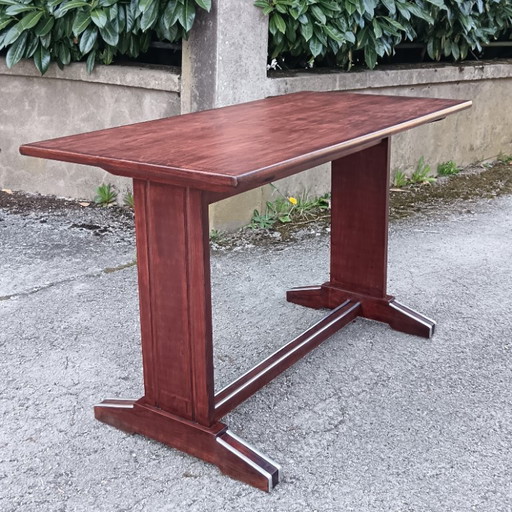 Restored bistro table with teak finish, France 1950