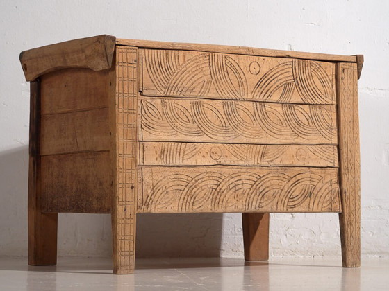 Antieke volksgesneden kist van grenenhout – Centraal-Europa, circa 1850 – Opbergkast, Rustic (photo 11 of 40)