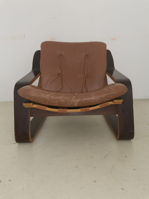Lounge chair, manifattura olandese 1970, compensato zebrano/pelle/fettuccia di tela si