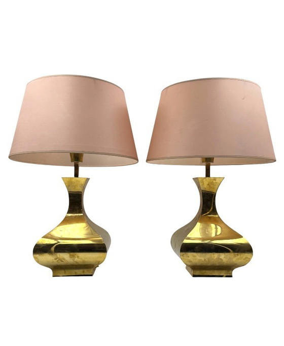 Image 1 of Hollywood regency set van 2 messing tafellampen mod. Piramide, High Society Italië 1970