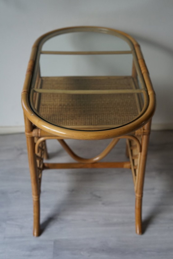 Vintage Rattan Side Table 70s/80s | Glass Top, Bamboo, Beige (photo 4 of 6)