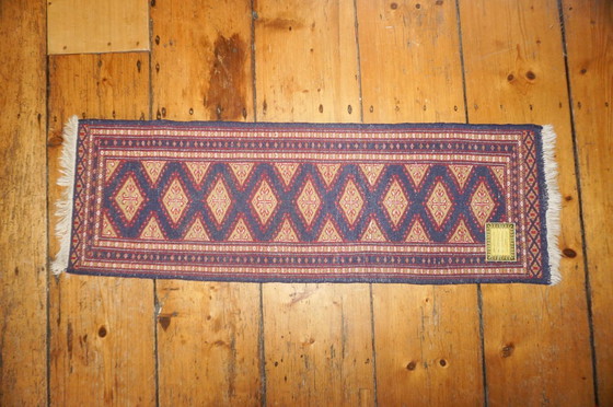 Image 1 of pakistani bokhara runner rug * vintage wool hallway carpet * red blue tribal narrow runner 