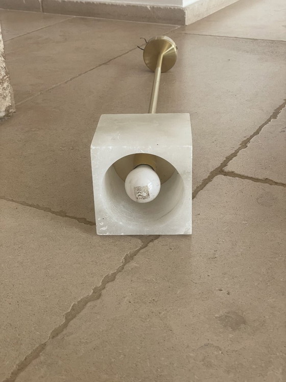 Image 1 of Set of 3 Eichholtz Etruscan Square pendant lights in alabaster and brass