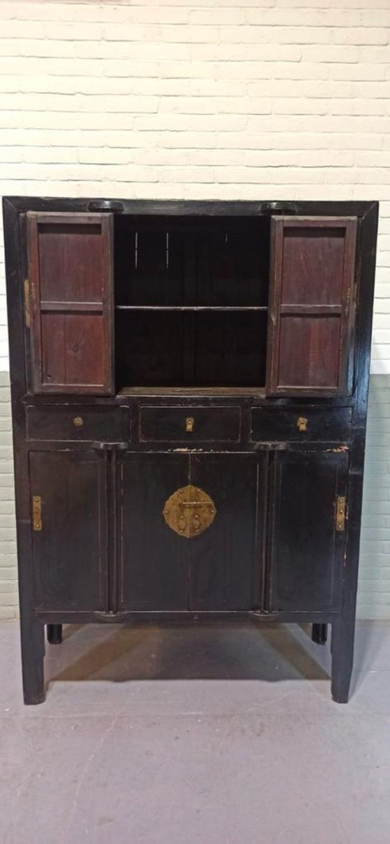 Image 1 of Vintage black lacquered and brass cabinet 