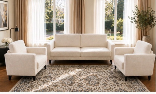 Luxuriöses 3-Sitzer Sofa + 2 Sessel Bouclé Ecru | ausziehbare Sitze