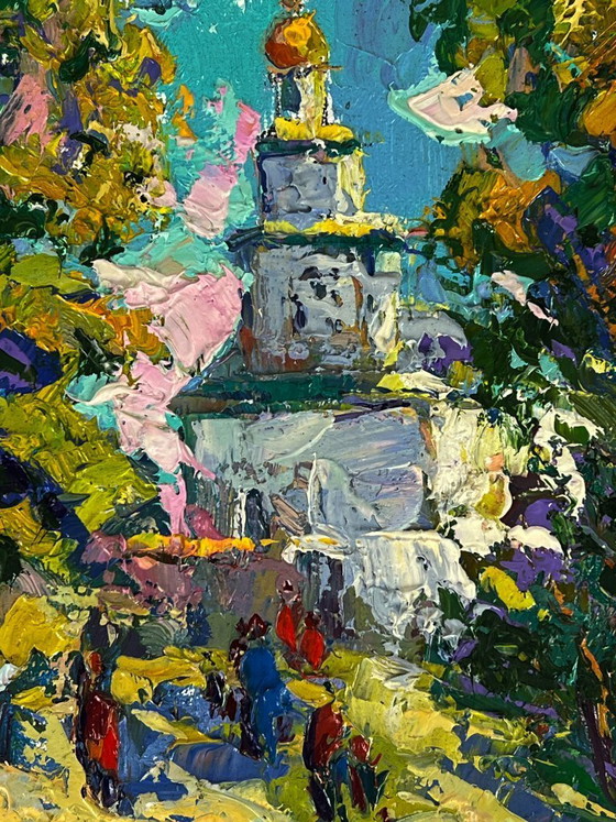 Image 1 of Original Oil Painting Rural Landscape Church Morning Bell in the Village