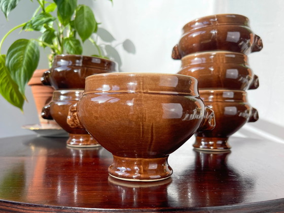 6 Vintage Ceramic Emile Henry Lion Head Onion Soup Bowls - Brown, Made in France (photo 3 of 10)