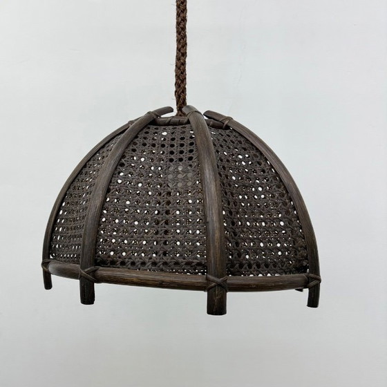 Image 1 of Vintage rattan and webbing hanging lamp 1970s retro