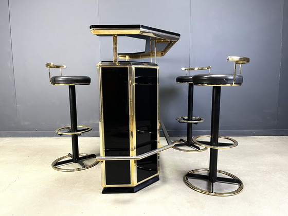 Image 1 of Hollywood Regency Bar with Three Stools, 1970s