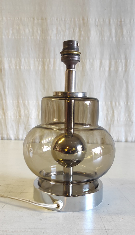Image 1 of Space Age table lamp base in chromed metal and smoked glass - 1970s